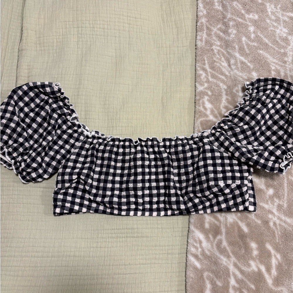 Aerie Black and White Gingham Off-Shoulder bikini top